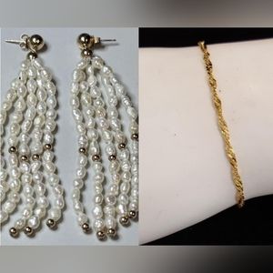 14K Solid Gold Rope Bracelet & Pearl Tassel Earrings Bundle